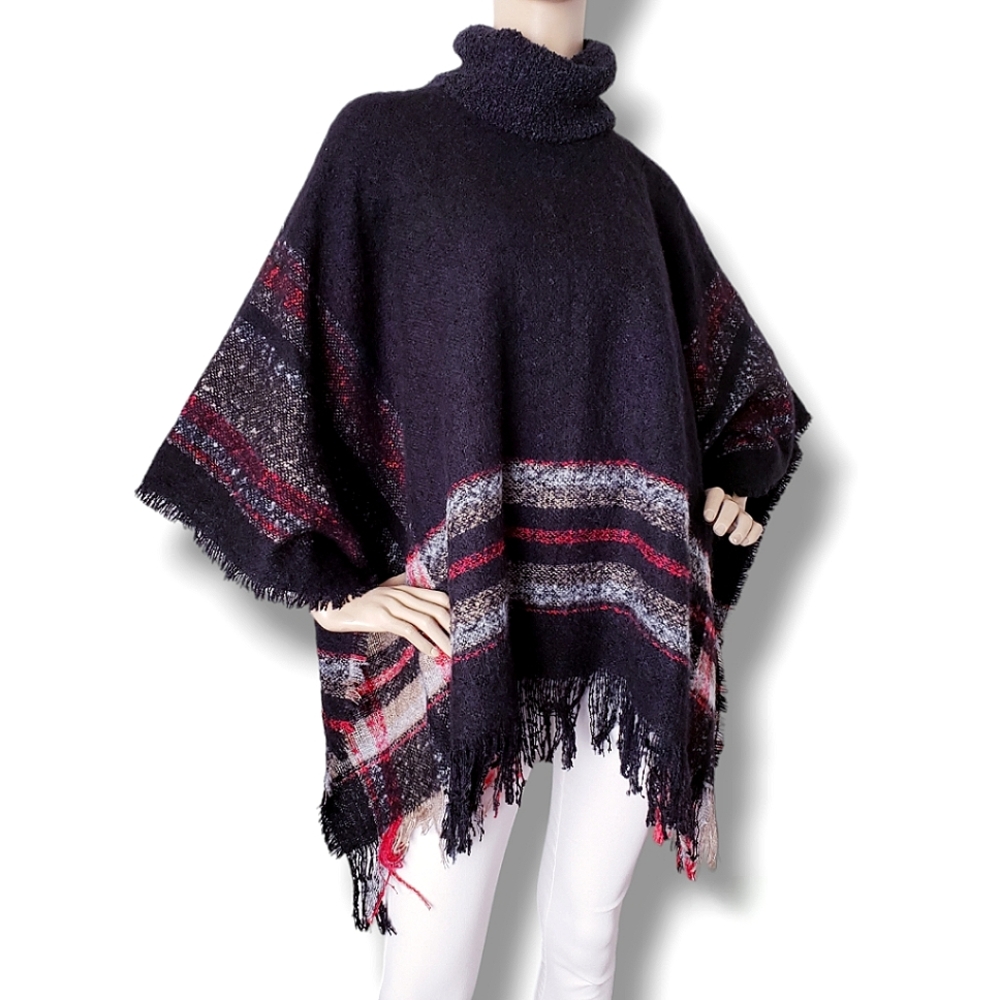 Korus Apparel Boucle Knit Black, Red Plaid Turtleneck Poncho